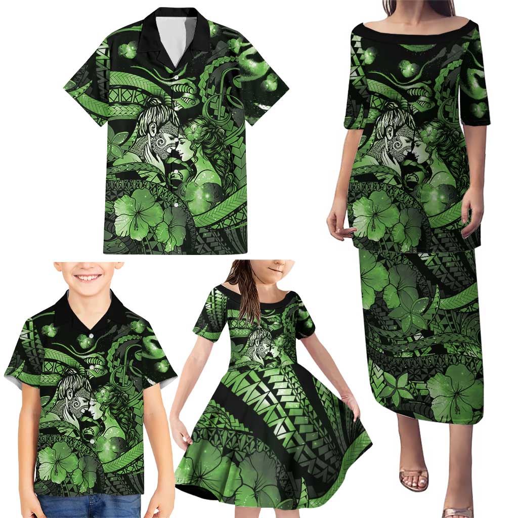 Personalised Maori Romantic Valentine Family Matching Puletasi and Hawaiian Shirt The Hongi Kiss Green Galaxy DT05 - Polynesian Pride