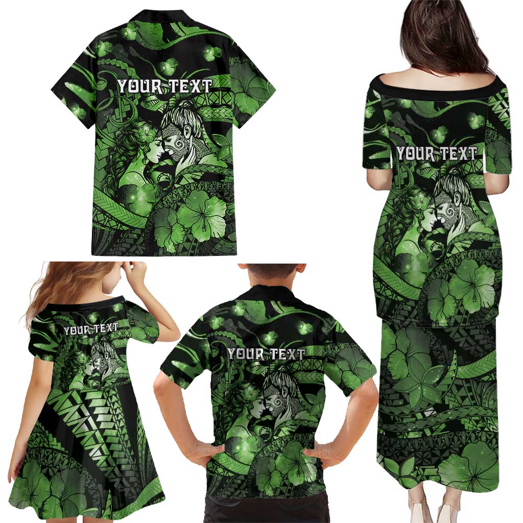 Personalised Maori Romantic Valentine Family Matching Puletasi and Hawaiian Shirt The Hongi Kiss Green Galaxy DT05 - Polynesian Pride