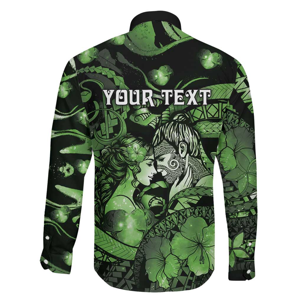 Personalised Maori Romantic Valentine Family Matching Short Sleeve Bodycon Dress and Hawaiian Shirt The Hongi Kiss Green Galaxy DT05 - Polynesian Pride