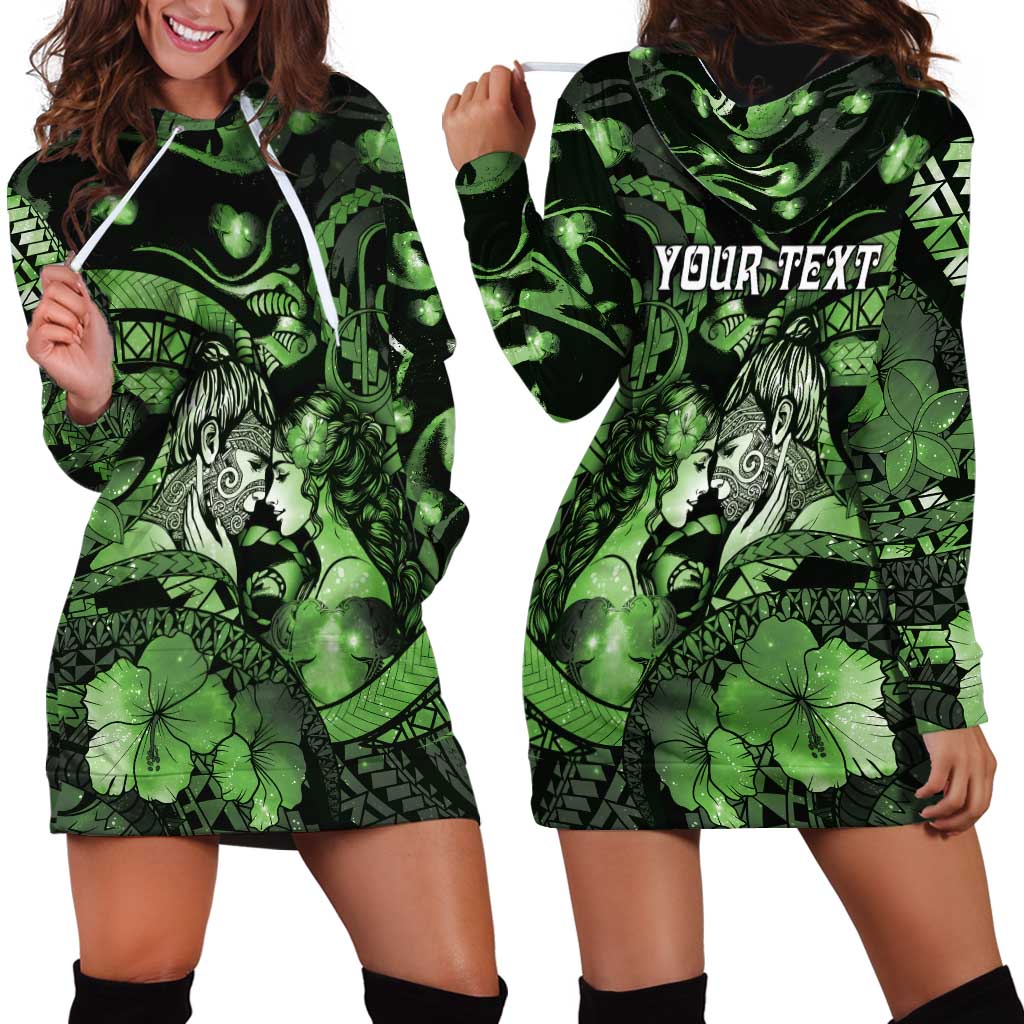 Personalised Maori Romantic Valentine Hoodie Dress The Hongi Kiss Green Galaxy DT05 - Polynesian Pride