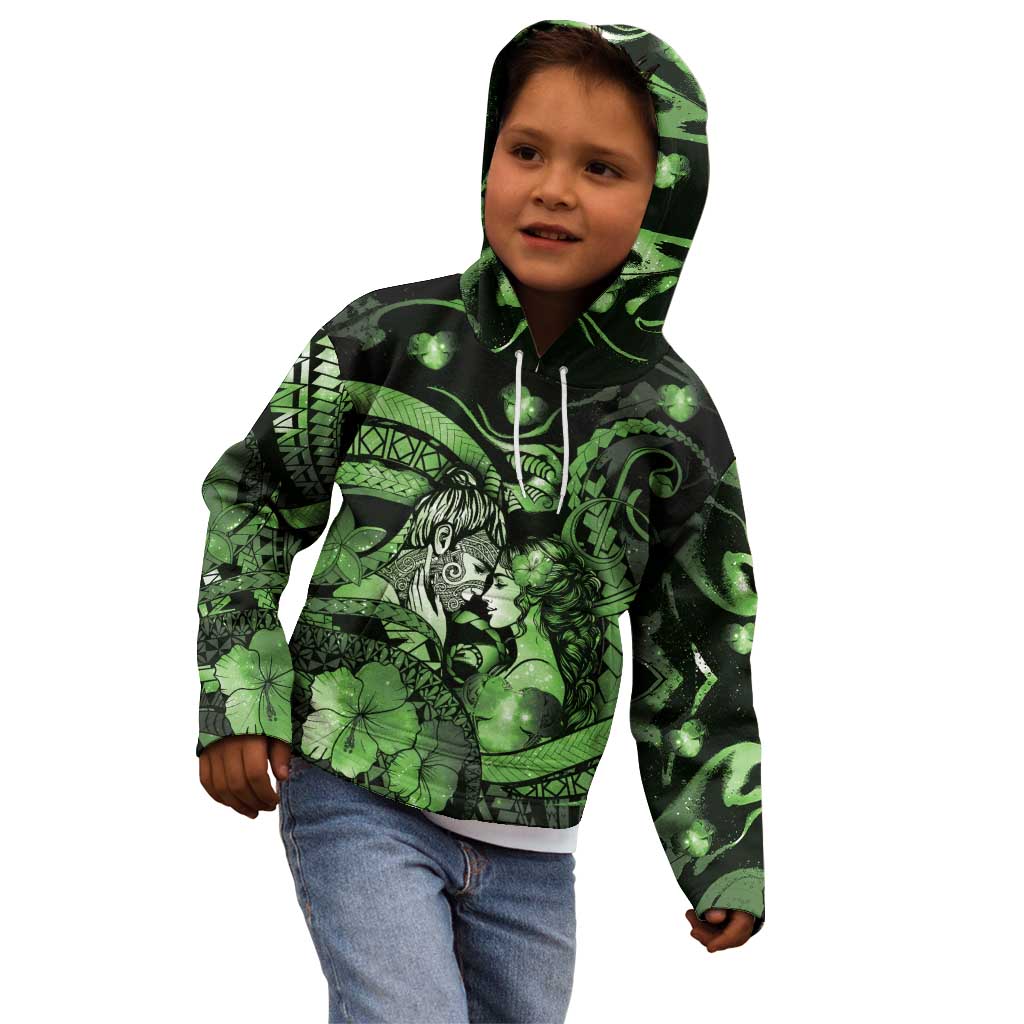 Personalised Maori Romantic Valentine Kid Hoodie The Hongi Kiss Green Galaxy DT05 - Polynesian Pride