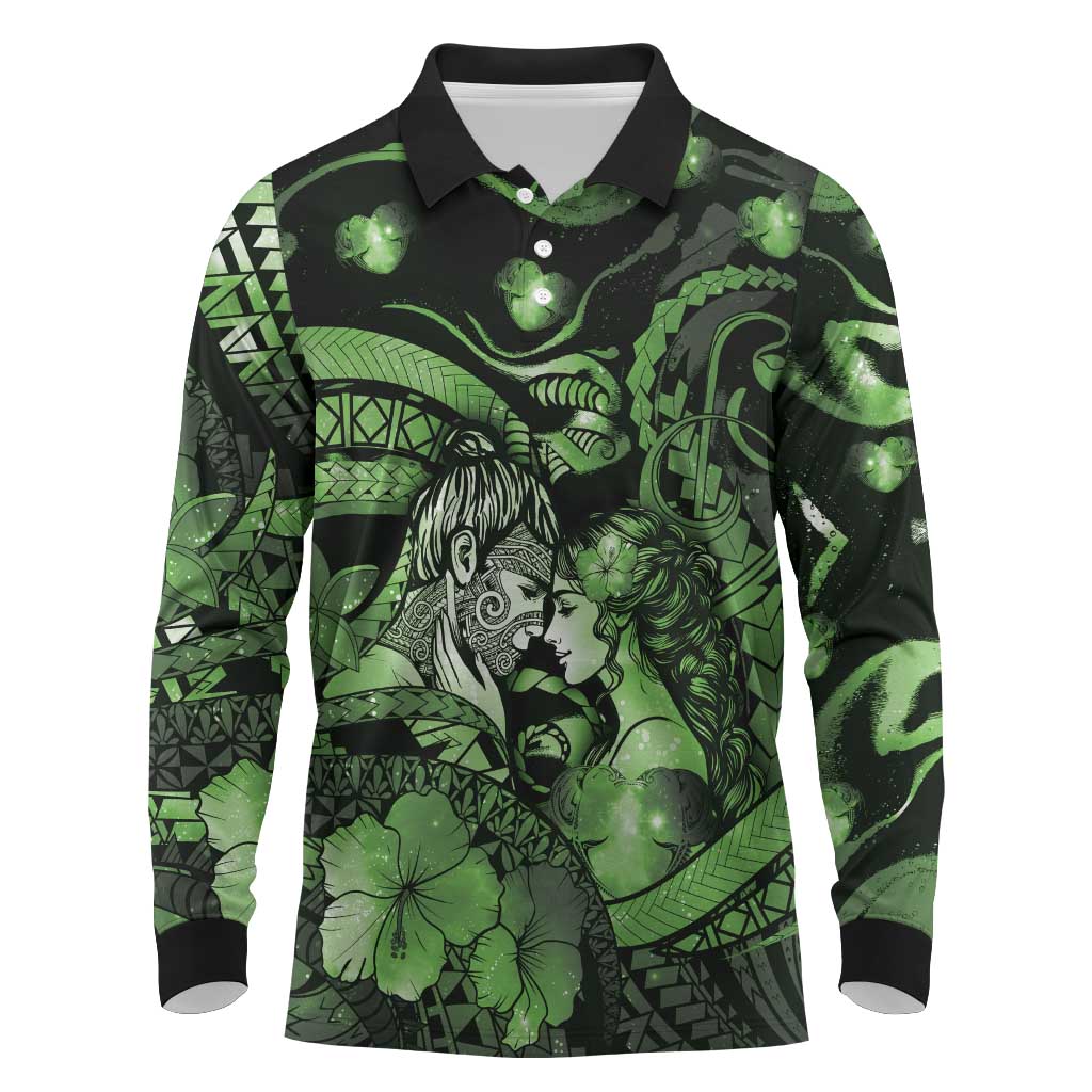 Personalised Maori Romantic Valentine Long Sleeve Polo Shirt The Hongi Kiss Green Galaxy DT05 Green - Polynesian Pride