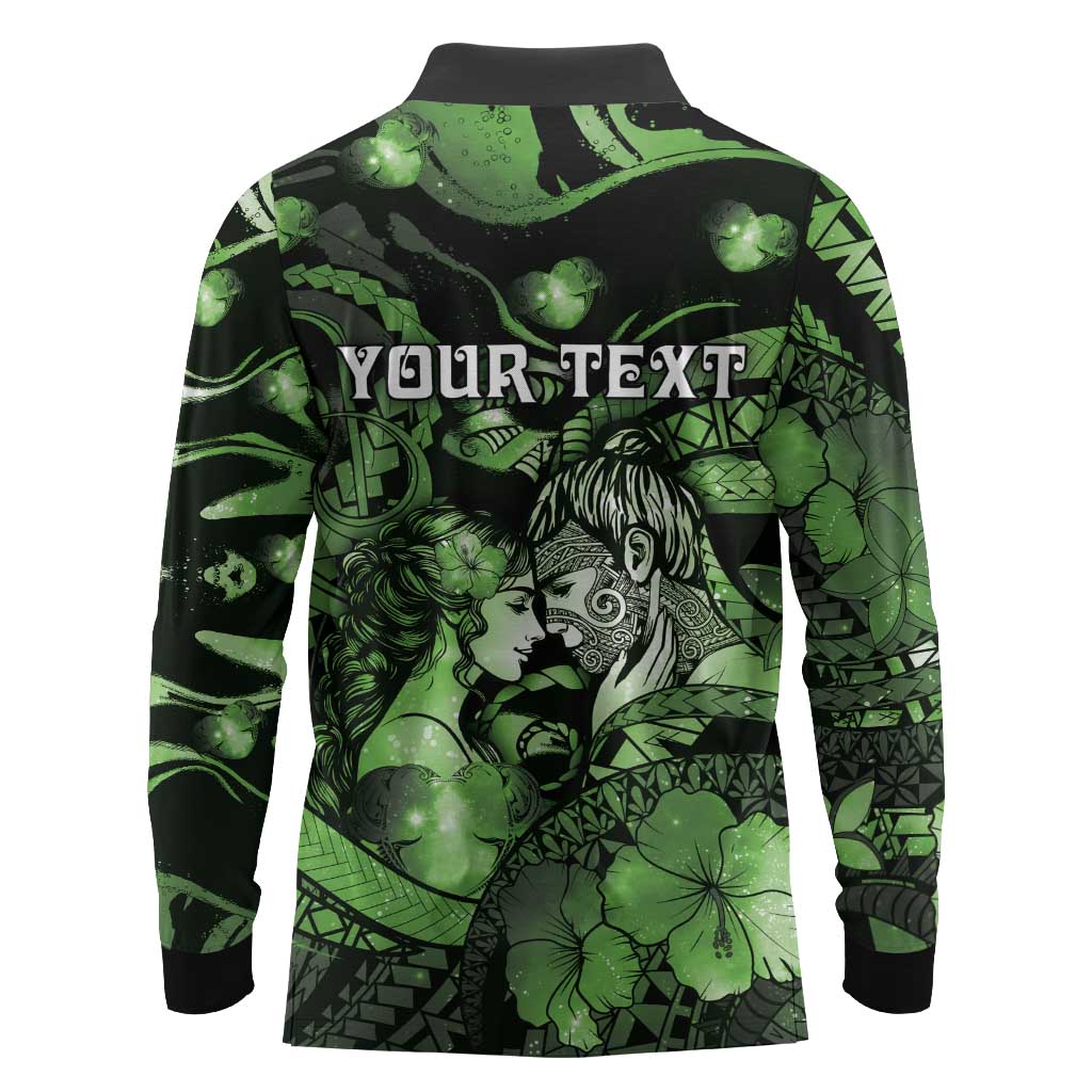 Personalised Maori Romantic Valentine Long Sleeve Polo Shirt The Hongi Kiss Green Galaxy DT05 - Polynesian Pride