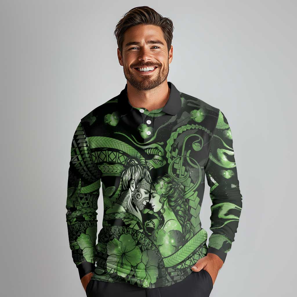 Personalised Maori Romantic Valentine Long Sleeve Polo Shirt The Hongi Kiss Green Galaxy DT05 - Polynesian Pride