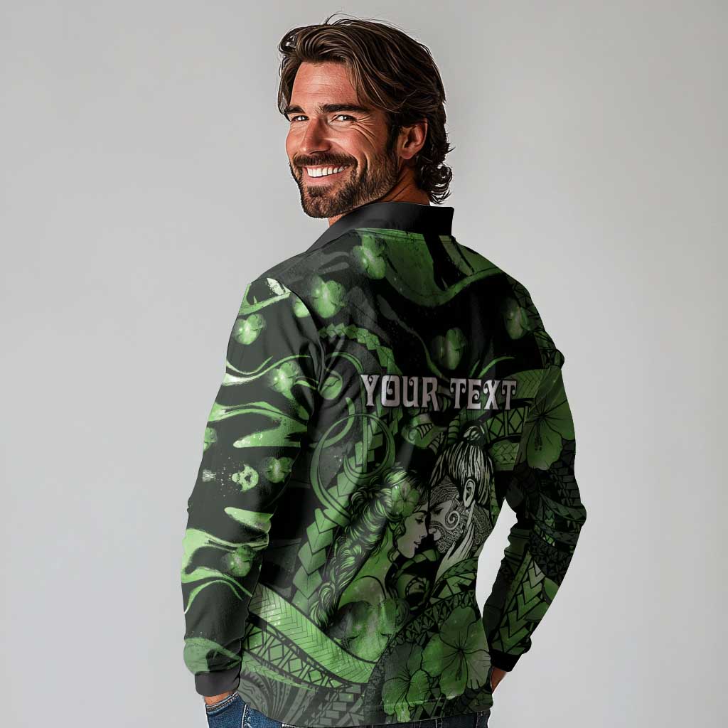 Personalised Maori Romantic Valentine Long Sleeve Polo Shirt The Hongi Kiss Green Galaxy DT05 - Polynesian Pride