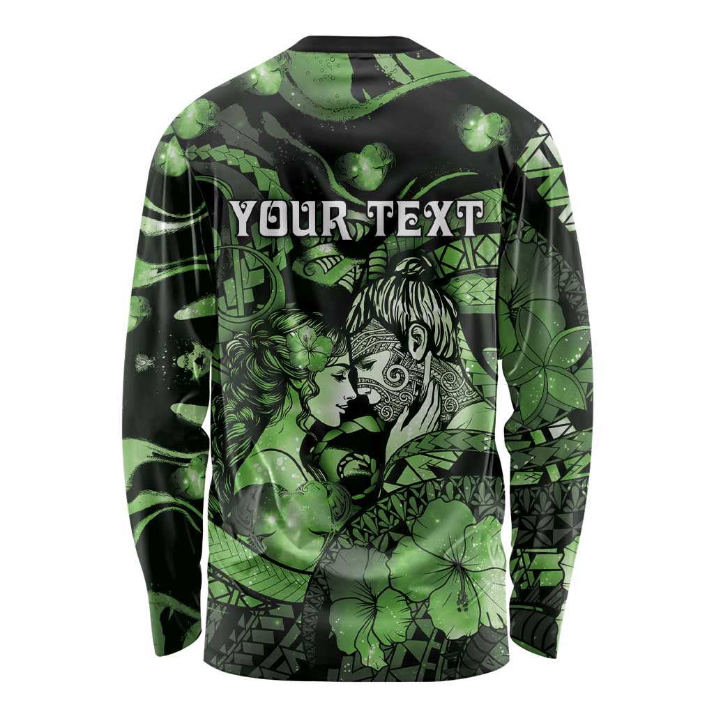 Personalised Maori Romantic Valentine Long Sleeve Shirt The Hongi Kiss Green Galaxy DT05 - Polynesian Pride