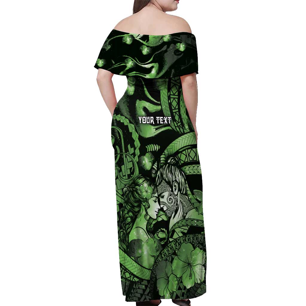 Personalised Maori Romantic Valentine Off Shoulder Maxi Dress The Hongi Kiss Green Galaxy DT05 - Polynesian Pride