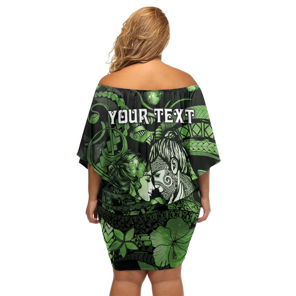 Personalised Maori Romantic Valentine Off Shoulder Short Dress The Hongi Kiss Green Galaxy DT05 - Polynesian Pride