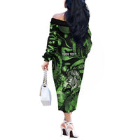 Personalised Maori Romantic Valentine Off The Shoulder Long Sleeve Dress The Hongi Kiss Green Galaxy DT05 - Polynesian Pride