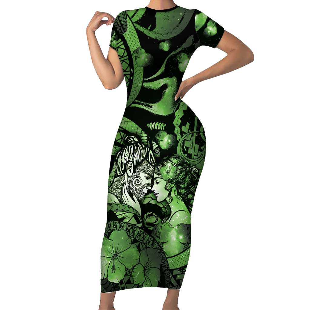 Personalised Maori Romantic Valentine Short Sleeve Bodycon Dress The Hongi Kiss Green Galaxy DT05 Long Dress Green - Polynesian Pride