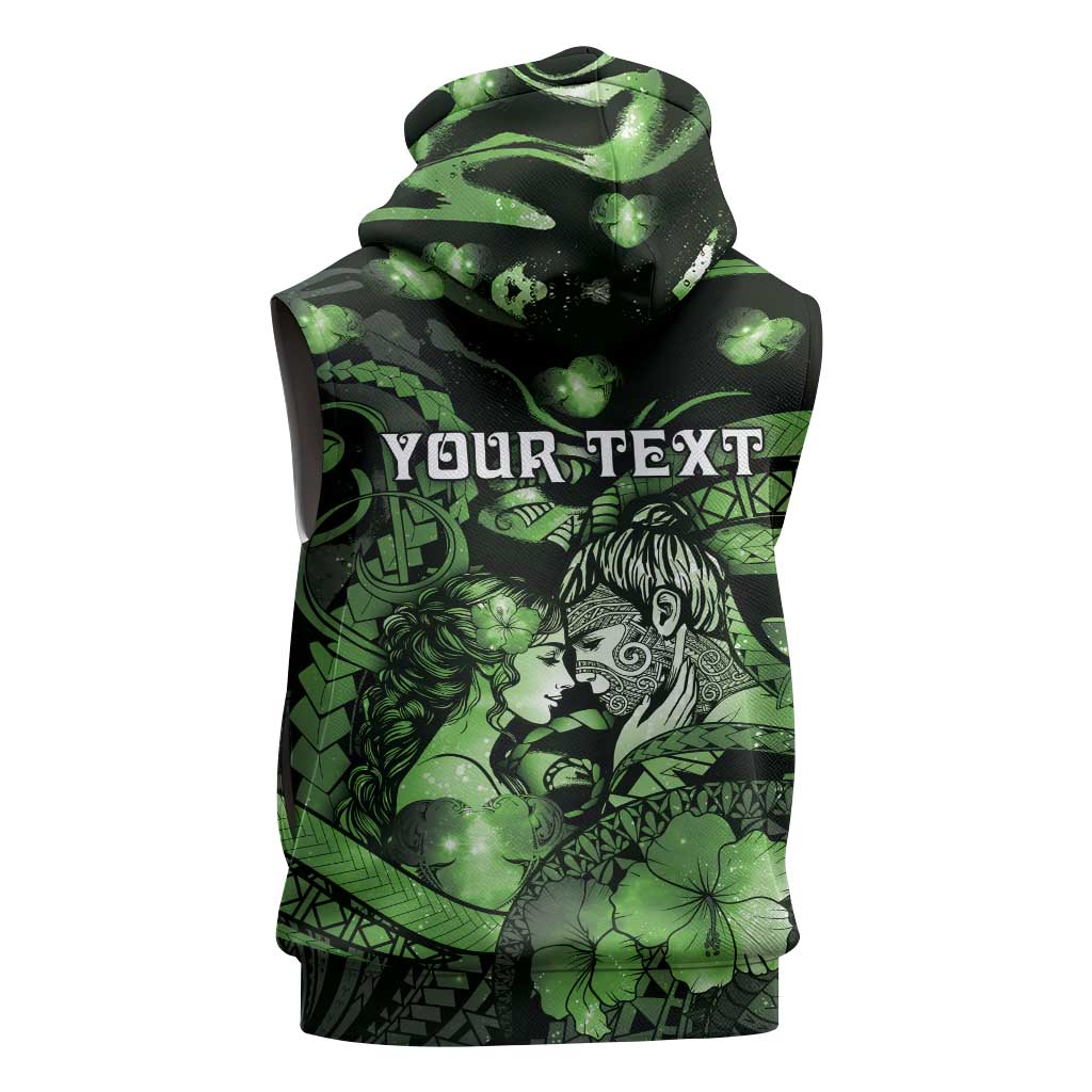 Personalised Maori Romantic Valentine Sleeveless Hoodie The Hongi Kiss Green Galaxy DT05 - Polynesian Pride