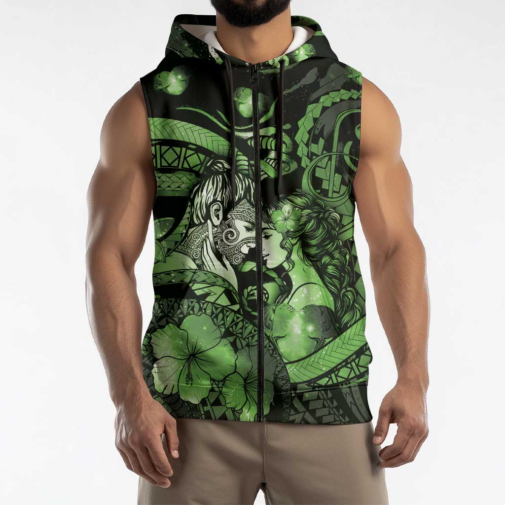 Personalised Maori Romantic Valentine Sleeveless Zip Hoodie The Hongi Kiss Green Galaxy DT05 - Polynesian Pride