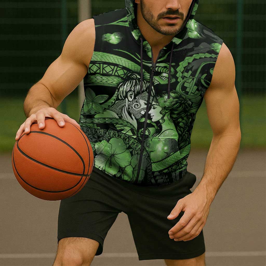 Personalised Maori Romantic Valentine Sleeveless Zip Hoodie The Hongi Kiss Green Galaxy DT05 - Polynesian Pride
