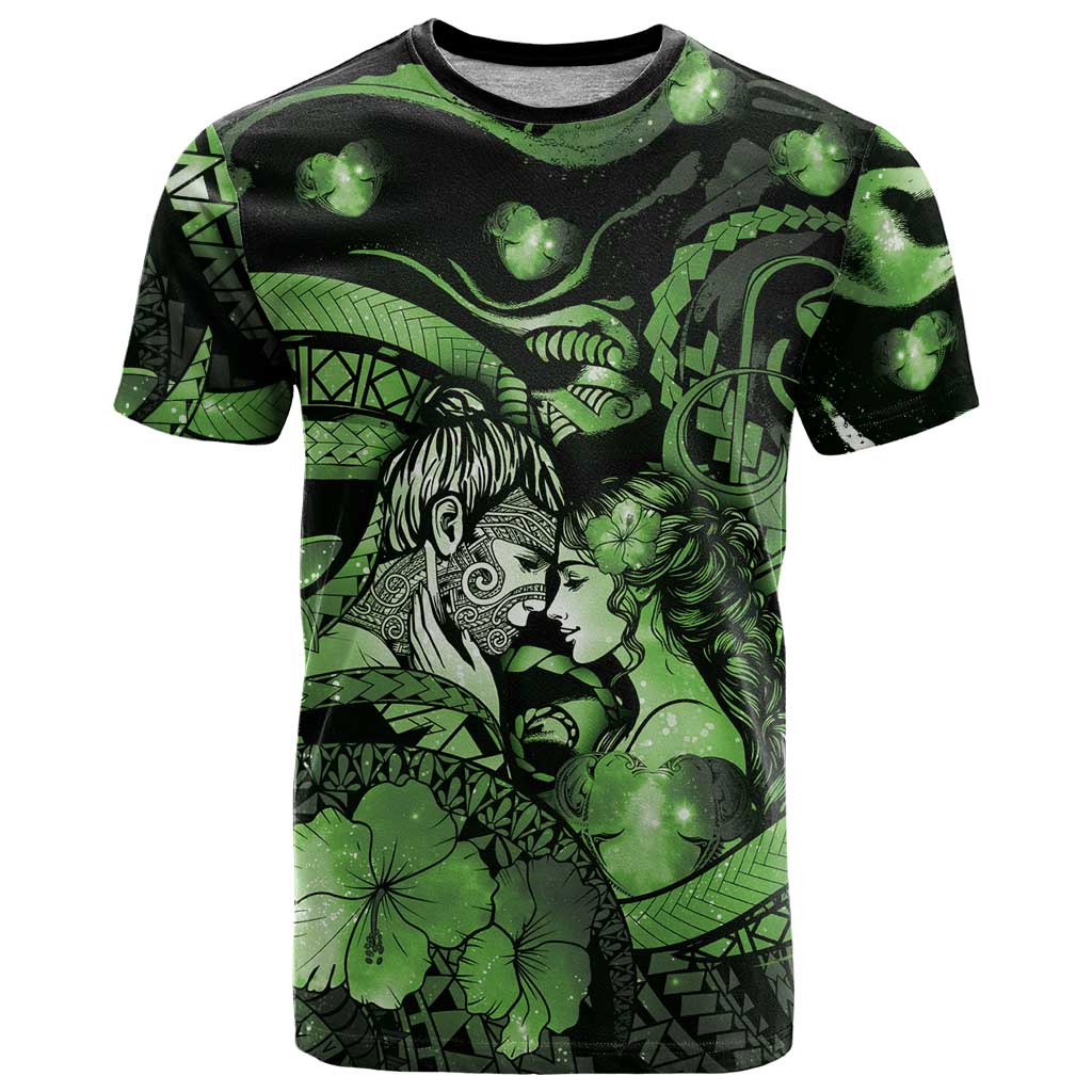 Personalised Maori Romantic Valentine T Shirt The Hongi Kiss Green Galaxy DT05 Green - Polynesian Pride