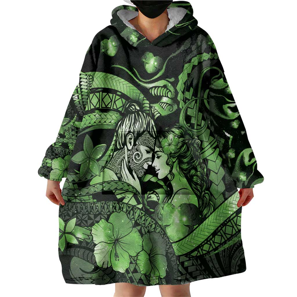 Personalised Maori Romantic Valentine Wearable Blanket Hoodie The Hongi Kiss Green Galaxy DT05 - Polynesian Pride