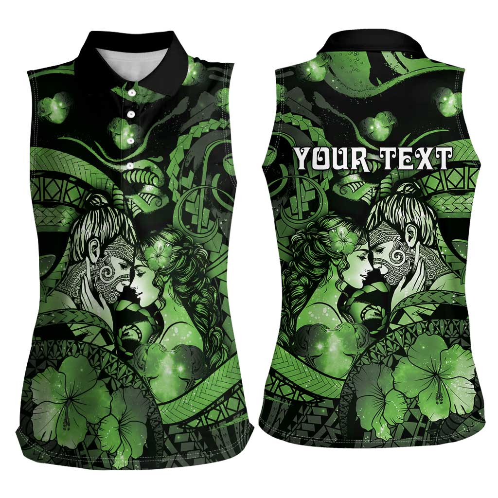 Personalised Maori Romantic Valentine Women Sleeveless Polo Shirt The Hongi Kiss Green Galaxy DT05 - Polynesian Pride
