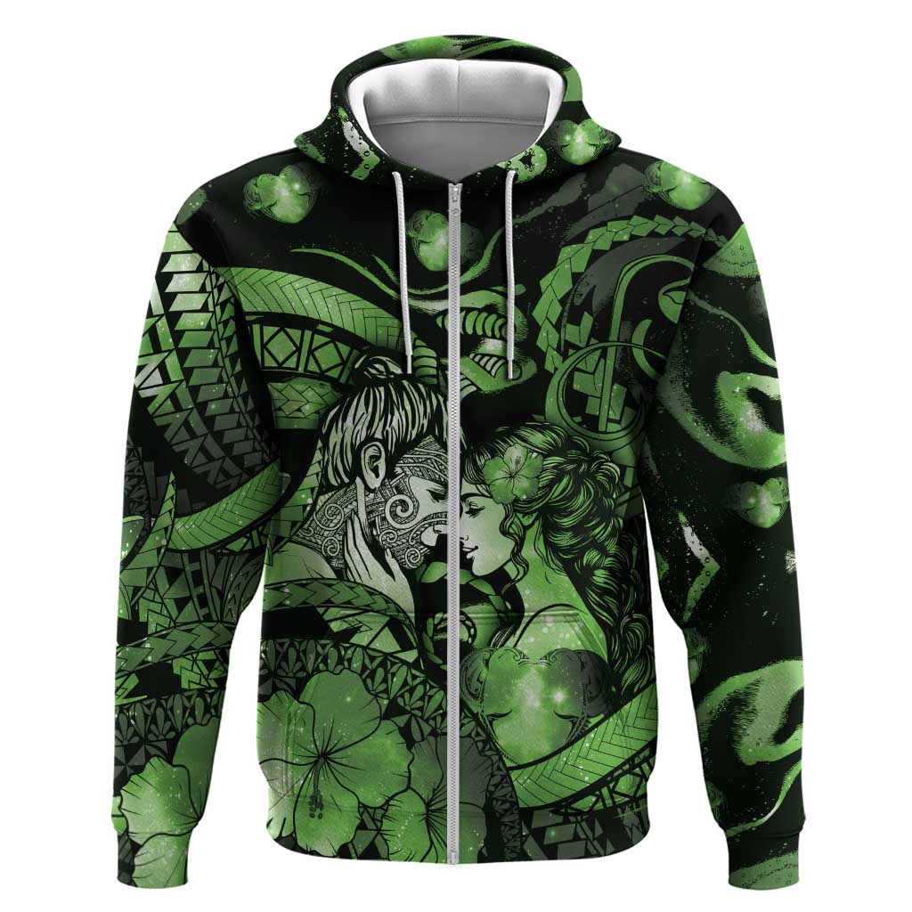 Personalised Maori Romantic Valentine Zip Hoodie The Hongi Kiss Green Galaxy DT05 Zip Hoodie Green - Polynesian Pride