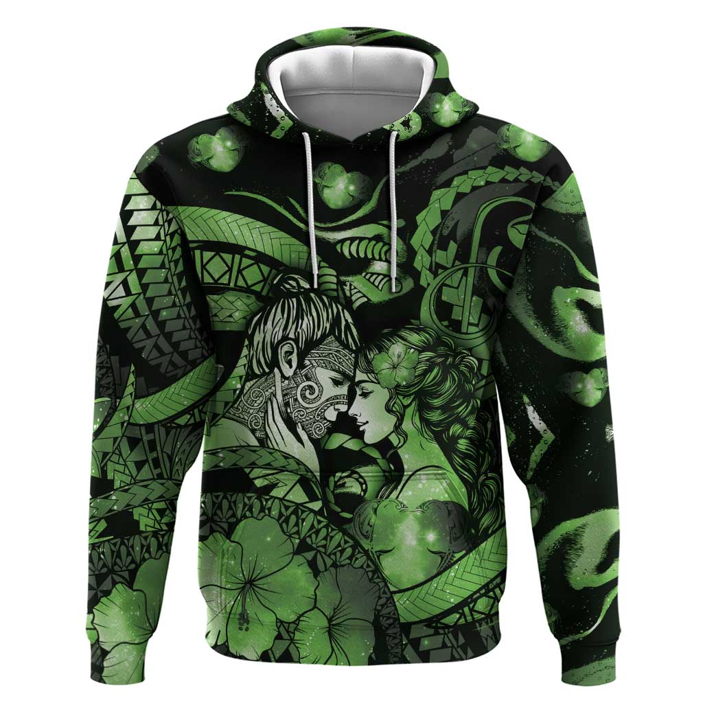 Personalised Maori Romantic Valentine Zip Hoodie The Hongi Kiss Green Galaxy DT05 Pullover Hoodie Green - Polynesian Pride