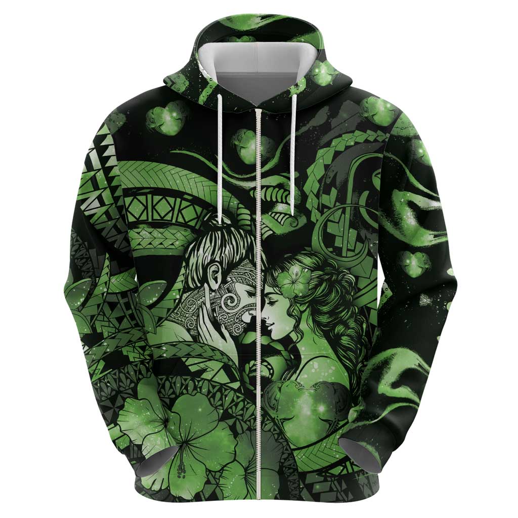 Personalised Maori Romantic Valentine Zip Hoodie The Hongi Kiss Green Galaxy DT05 - Polynesian Pride
