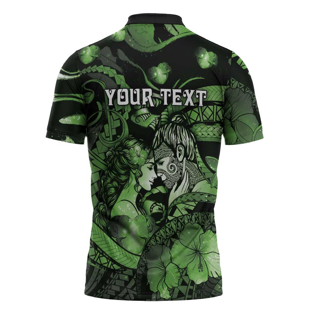Personalised Maori Romantic Valentine Zipper Polo Shirt The Hongi Kiss Green Galaxy DT05 - Polynesian Pride