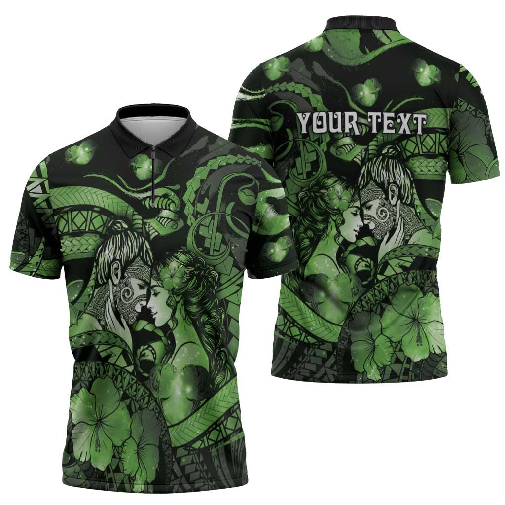 Personalised Maori Romantic Valentine Zipper Polo Shirt The Hongi Kiss Green Galaxy DT05 - Polynesian Pride