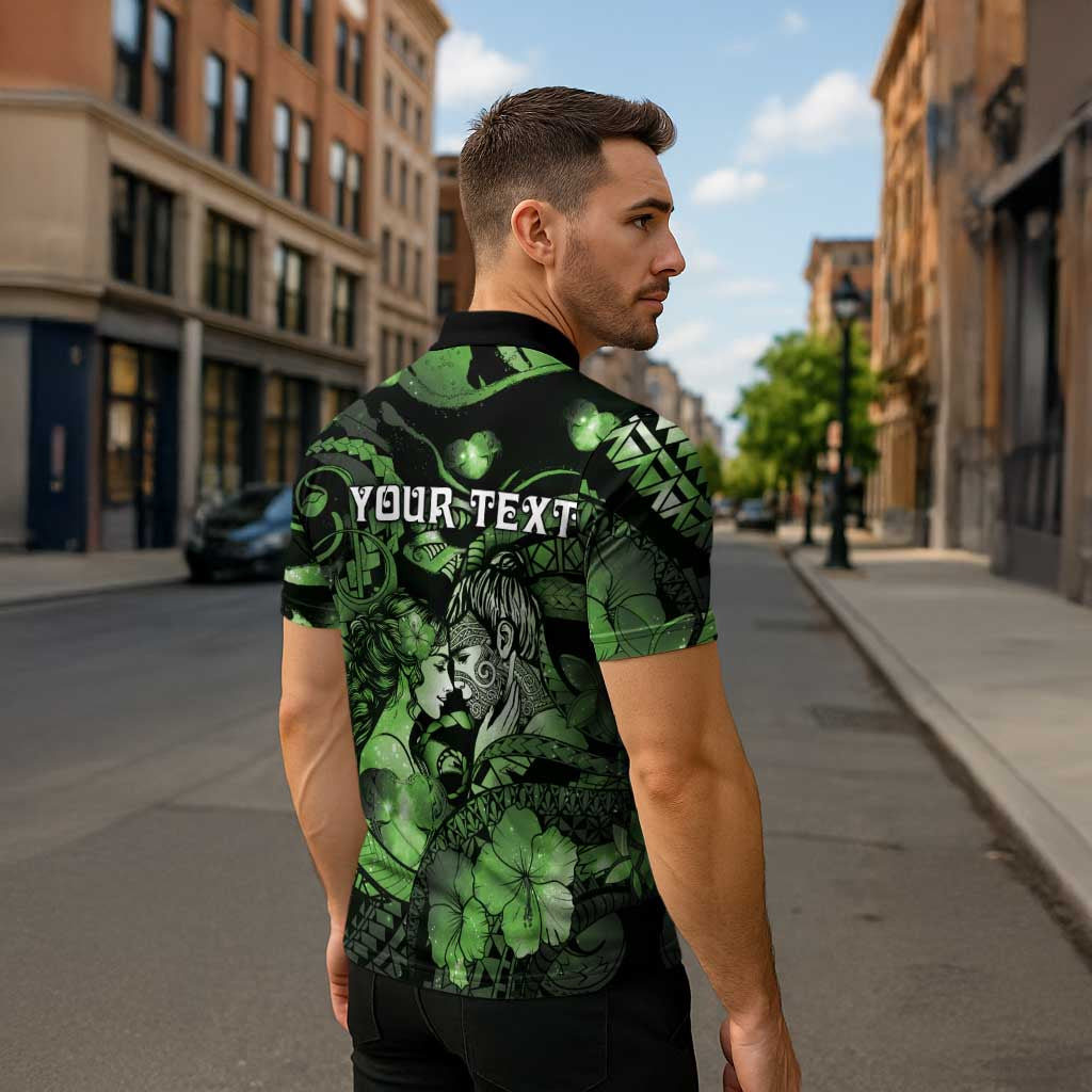 Personalised Maori Romantic Valentine Zipper Polo Shirt The Hongi Kiss Green Galaxy DT05 - Polynesian Pride