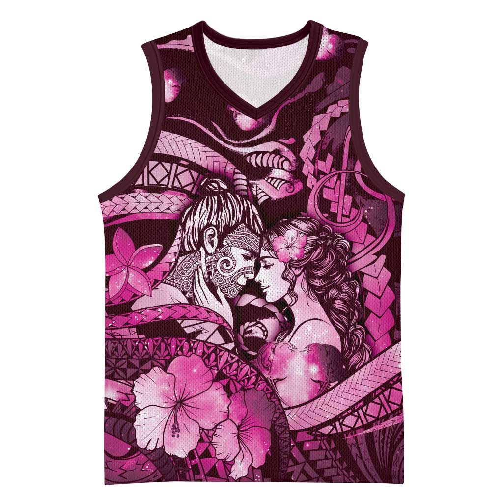 Personalised Maori Romantic Valentine Basketball Jersey The Hongi Kiss Pink Galaxy DT05 Unisex Pink - Polynesian Pride
