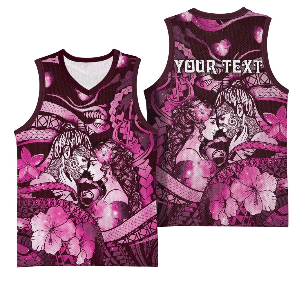Personalised Maori Romantic Valentine Basketball Jersey The Hongi Kiss Pink Galaxy DT05 - Polynesian Pride