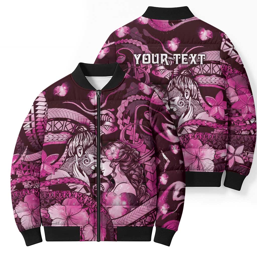 Personalised Maori Romantic Valentine Bomber Puffer Jacket The Hongi Kiss Pink Galaxy