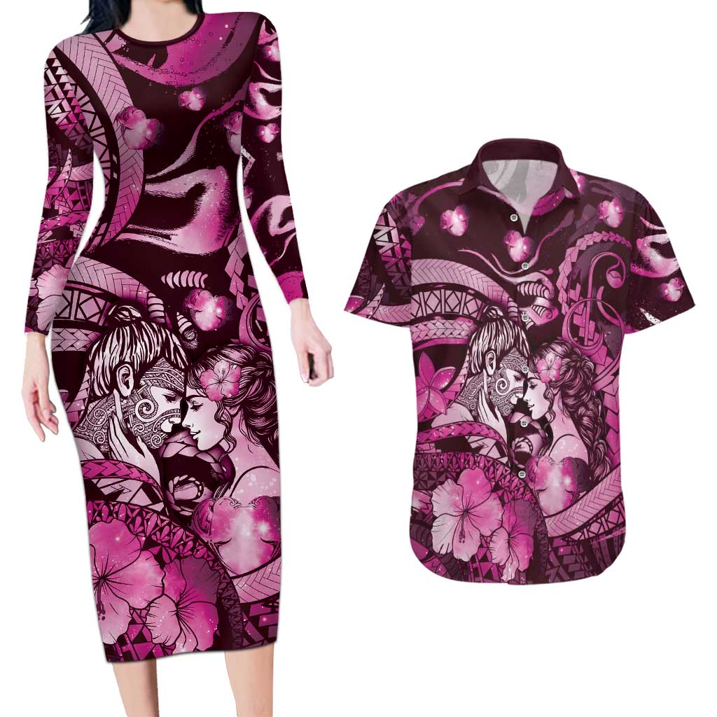 Personalised Maori Romantic Valentine Couples Matching Long Sleeve Bodycon Dress and Hawaiian Shirt The Hongi Kiss Pink Galaxy DT05 Pink - Polynesian Pride