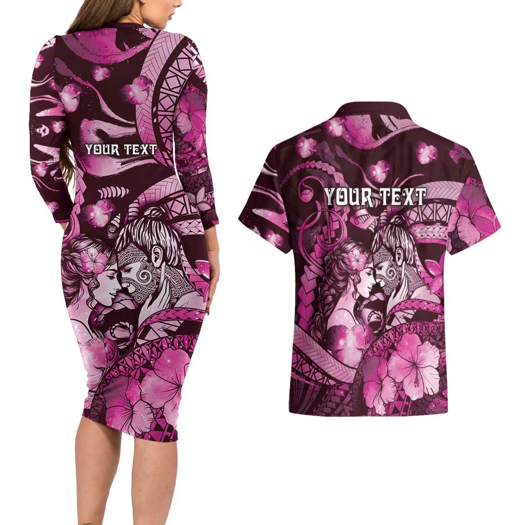 Personalised Maori Romantic Valentine Couples Matching Long Sleeve Bodycon Dress and Hawaiian Shirt The Hongi Kiss Pink Galaxy DT05 - Polynesian Pride