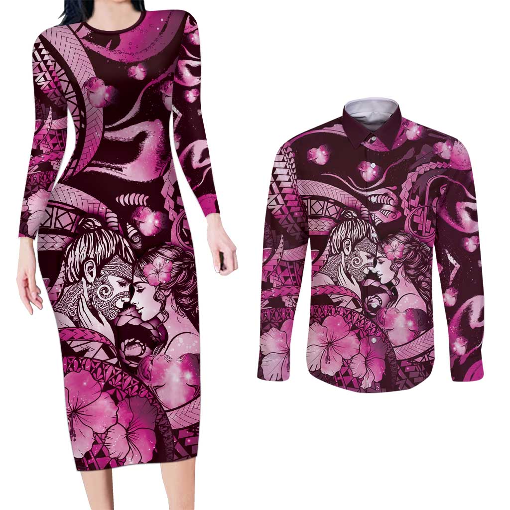 Personalised Maori Romantic Valentine Couples Matching Long Sleeve Bodycon Dress and Long Sleeve Button Shirt The Hongi Kiss Pink Galaxy DT05 Pink - Polynesian Pride