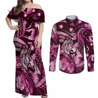 Personalised Maori Romantic Valentine Couples Matching Off Shoulder Maxi Dress and Long Sleeve Button Shirt The Hongi Kiss Pink Galaxy DT05 Pink - Polynesian Pride
