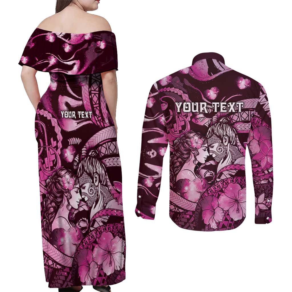 Personalised Maori Romantic Valentine Couples Matching Off Shoulder Maxi Dress and Long Sleeve Button Shirt The Hongi Kiss Pink Galaxy DT05 - Polynesian Pride