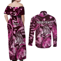 Personalised Maori Romantic Valentine Couples Matching Off Shoulder Maxi Dress and Long Sleeve Button Shirt The Hongi Kiss Pink Galaxy DT05 - Polynesian Pride
