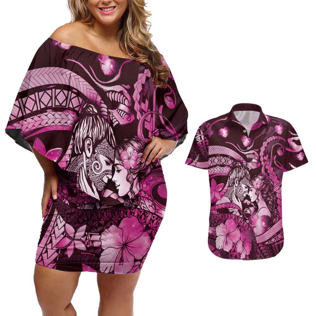 Personalised Maori Romantic Valentine Couples Matching Off Shoulder Short Dress and Hawaiian Shirt The Hongi Kiss Pink Galaxy DT05 Pink - Polynesian Pride