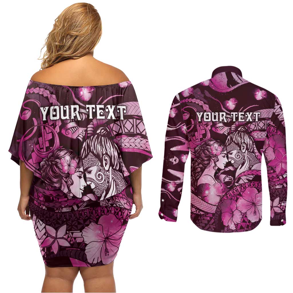 Personalised Maori Romantic Valentine Couples Matching Off Shoulder Short Dress and Long Sleeve Button Shirt The Hongi Kiss Pink Galaxy DT05 - Polynesian Pride
