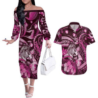 Personalised Maori Romantic Valentine Couples Matching Off The Shoulder Long Sleeve Dress and Hawaiian Shirt The Hongi Kiss Pink Galaxy DT05 Pink - Polynesian Pride