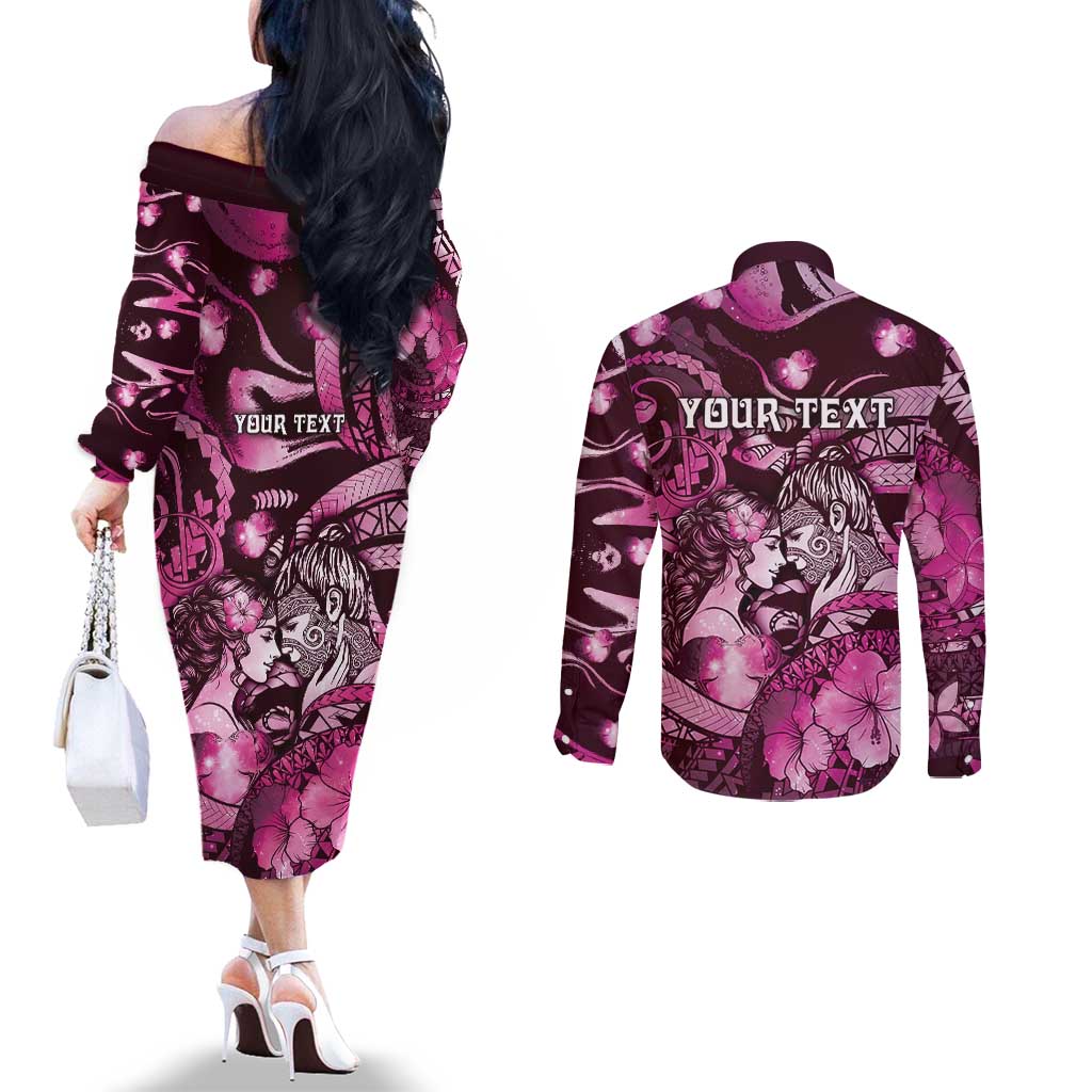 Personalised Maori Romantic Valentine Couples Matching Off The Shoulder Long Sleeve Dress and Long Sleeve Button Shirt The Hongi Kiss Pink Galaxy DT05 - Polynesian Pride