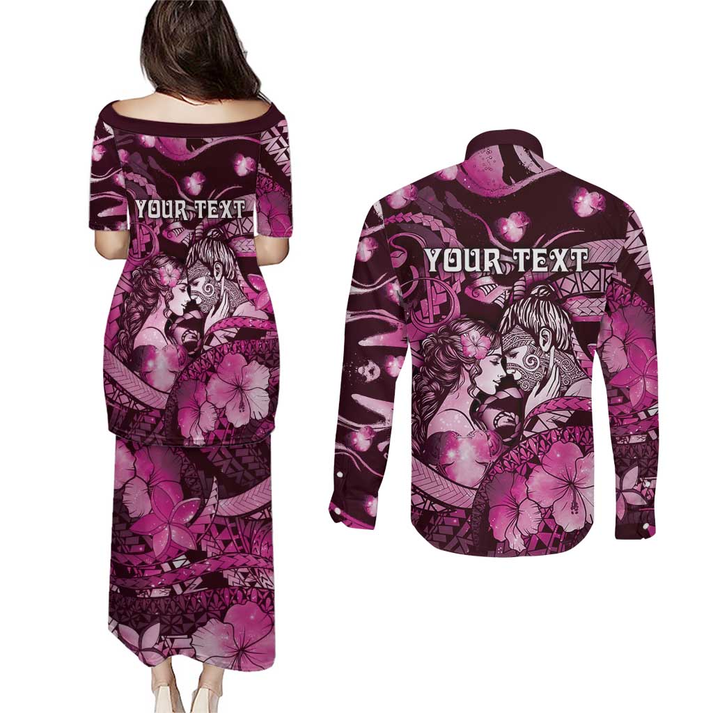 Personalised Maori Romantic Valentine Couples Matching Puletasi and Long Sleeve Button Shirt The Hongi Kiss Pink Galaxy DT05 - Polynesian Pride