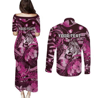 Personalised Maori Romantic Valentine Couples Matching Puletasi and Long Sleeve Button Shirt The Hongi Kiss Pink Galaxy DT05 - Polynesian Pride