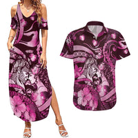 Personalised Maori Romantic Valentine Couples Matching Summer Maxi Dress and Hawaiian Shirt The Hongi Kiss Pink Galaxy DT05 Pink - Polynesian Pride