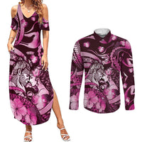 Personalised Maori Romantic Valentine Couples Matching Summer Maxi Dress and Long Sleeve Button Shirt The Hongi Kiss Pink Galaxy DT05 Pink - Polynesian Pride