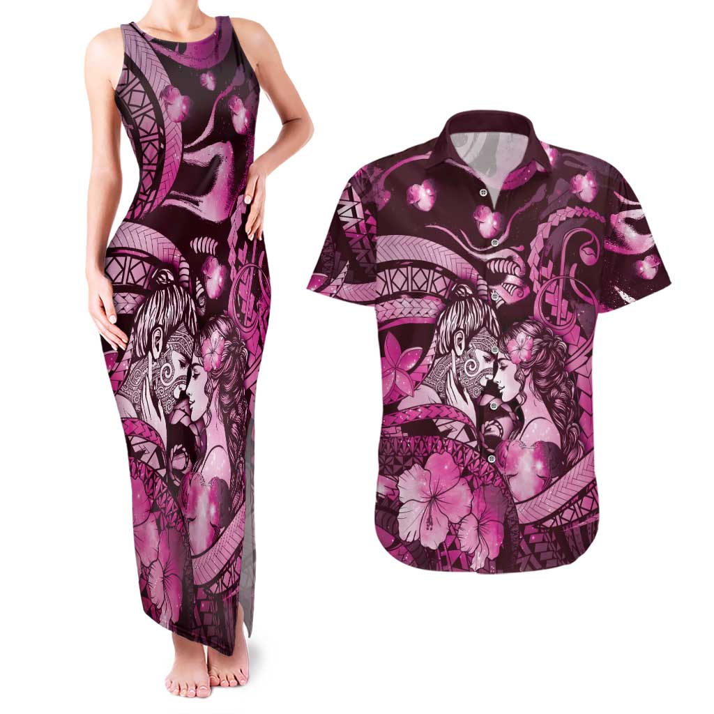 Personalised Maori Romantic Valentine Couples Matching Tank Maxi Dress and Hawaiian Shirt The Hongi Kiss Pink Galaxy DT05 Pink - Polynesian Pride