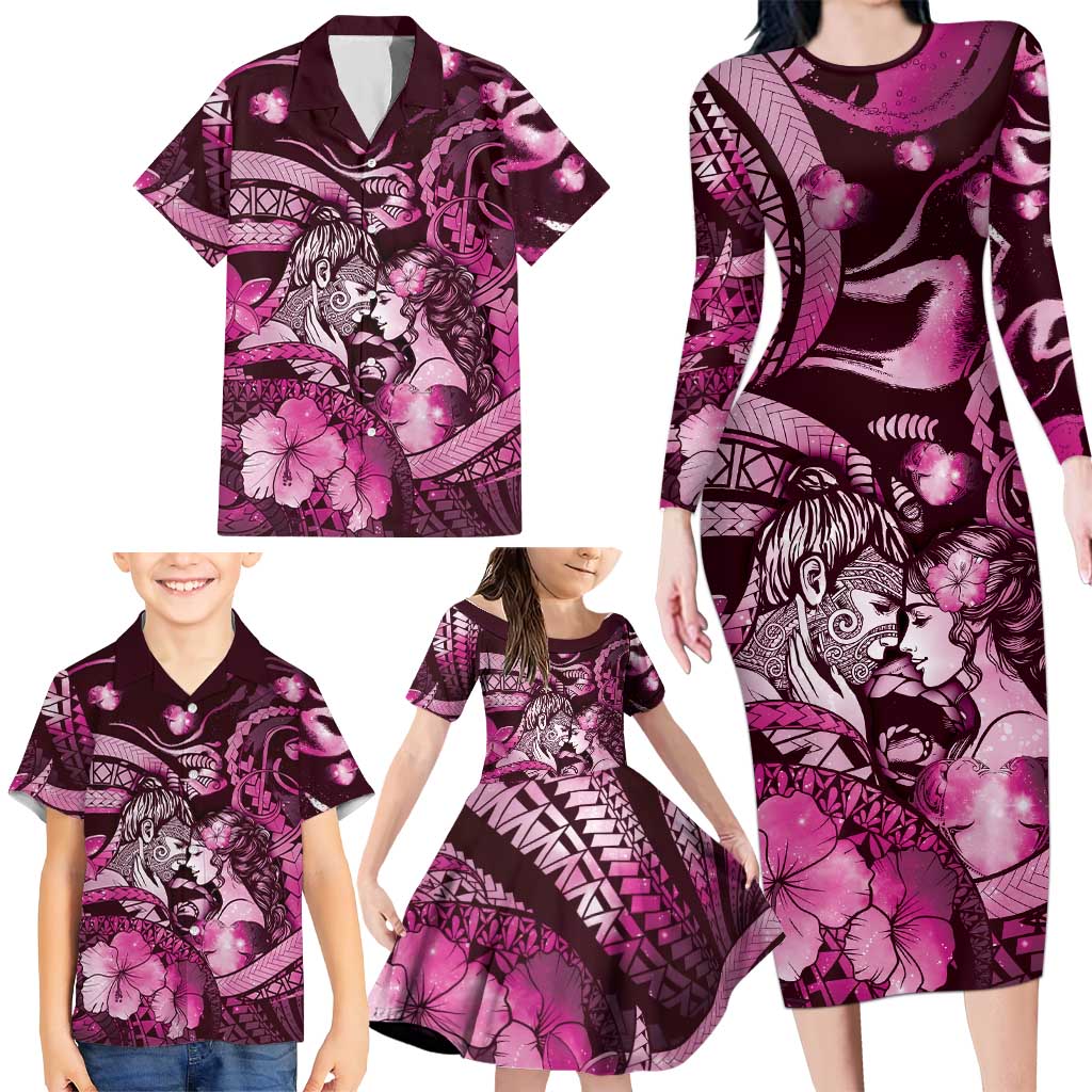 Personalised Maori Romantic Valentine Family Matching Long Sleeve Bodycon Dress and Hawaiian Shirt The Hongi Kiss Pink Galaxy DT05 - Polynesian Pride