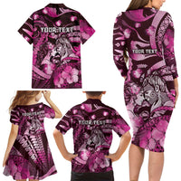Personalised Maori Romantic Valentine Family Matching Long Sleeve Bodycon Dress and Hawaiian Shirt The Hongi Kiss Pink Galaxy DT05 - Polynesian Pride