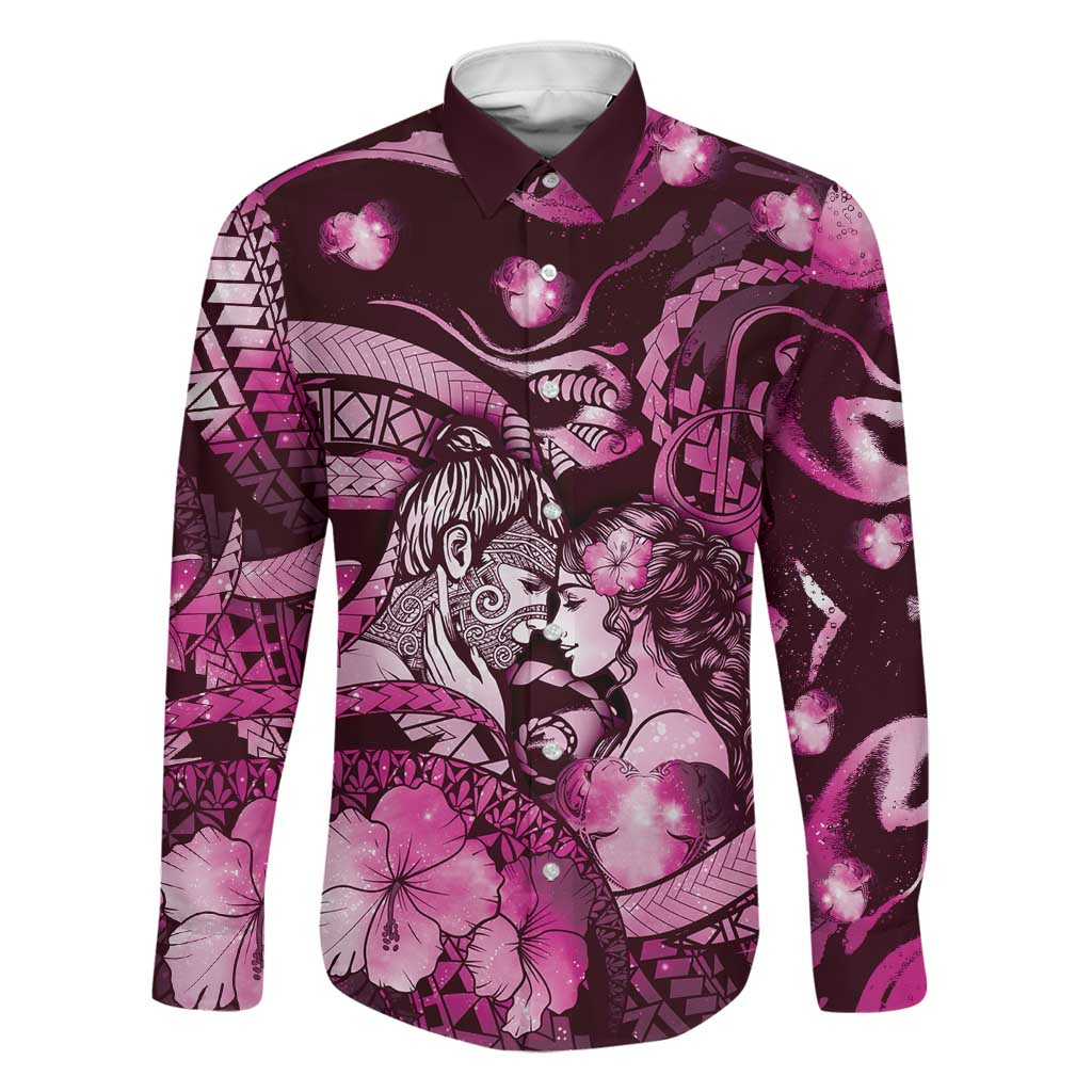 Personalised Maori Romantic Valentine Family Matching Long Sleeve Bodycon Dress and Hawaiian Shirt The Hongi Kiss Pink Galaxy DT05 Dad's Shirt - Long Sleeve Pink - Polynesian Pride