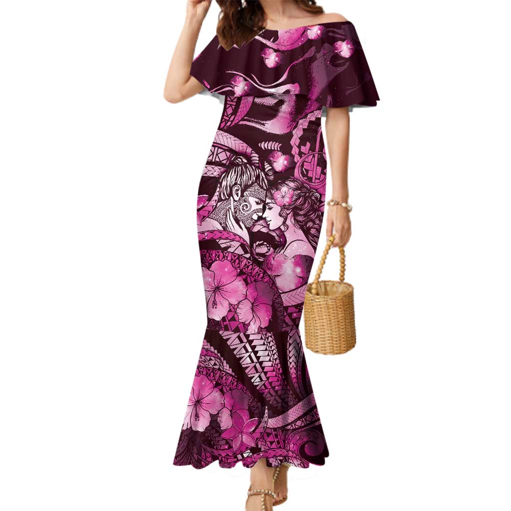 Personalised Maori Romantic Valentine Family Matching Mermaid Dress and Hawaiian Shirt The Hongi Kiss Pink Galaxy DT05 Mom's Dress Pink - Polynesian Pride