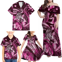Personalised Maori Romantic Valentine Family Matching Off Shoulder Maxi Dress and Hawaiian Shirt The Hongi Kiss Pink Galaxy DT05 - Polynesian Pride