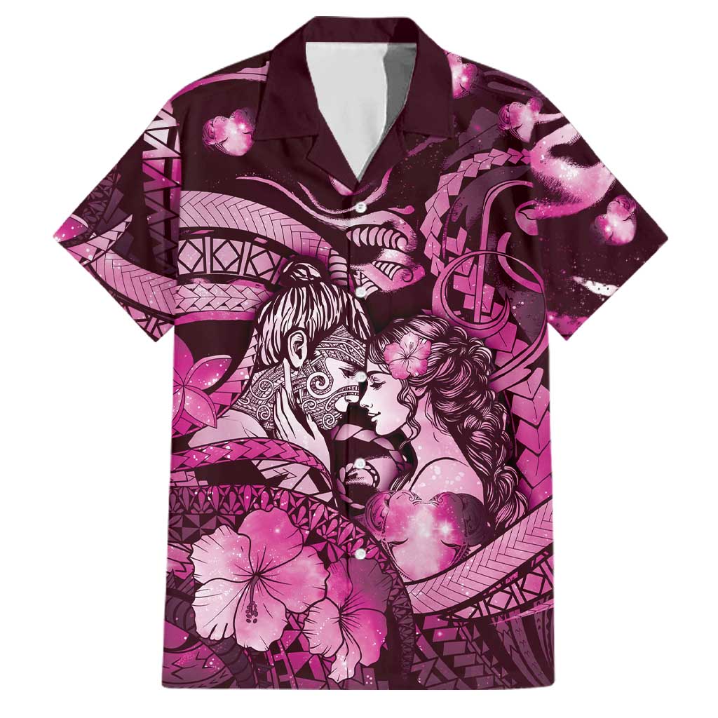 Personalised Maori Romantic Valentine Family Matching Off Shoulder Maxi Dress and Hawaiian Shirt The Hongi Kiss Pink Galaxy DT05 Dad's Shirt - Short Sleeve Pink - Polynesian Pride